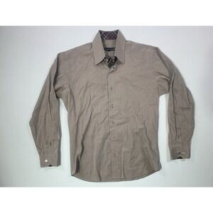 Jared Lang Men's Dress Shirt Medium Brown Check Trim Button-Up